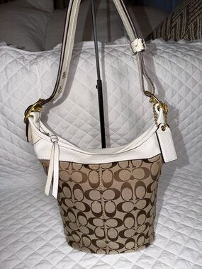 Coach Khaki Signature Canvas Bucket Bag with White Leather Trim